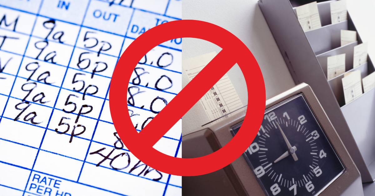 manual time keeping systems pictured with red line through it